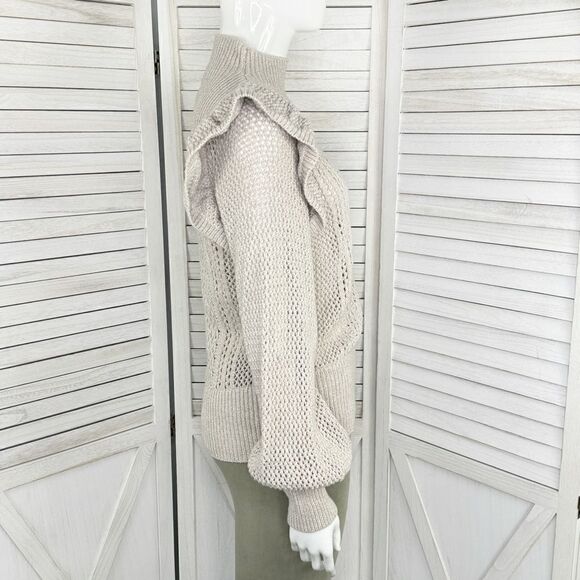 Happy Nature Ruffle Shoulder Mock Neck Open Weave Sweater Tan Beige Medium - Picture 4 of 13